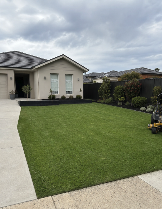 Professional lawn mowing service in Melbourne, neatly trimmed residential lawn maintained by Mow It Up